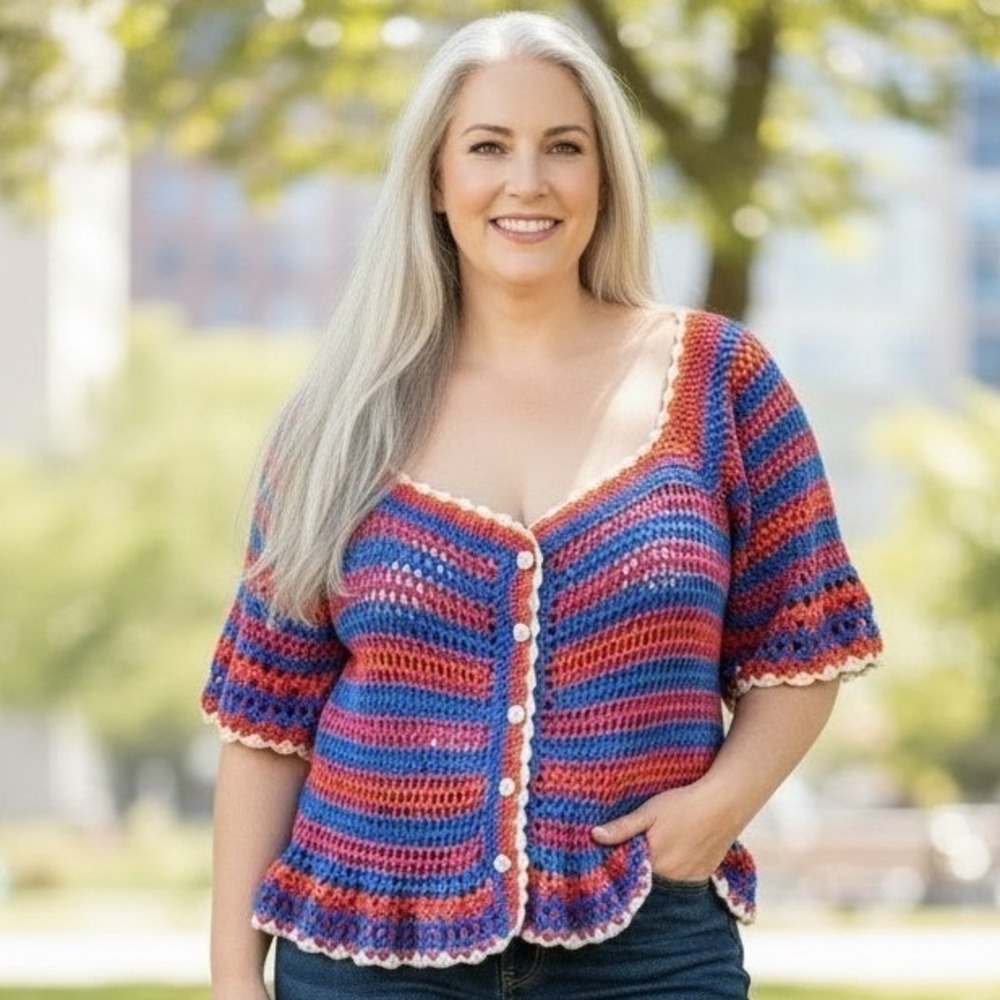 VICI Womens Crochet Striped Cardigan Top Blue Orange Pink L/XL Boho Ruffle Hem